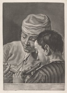 Portret van Twee Mannen, Een Speelt Blokfluit