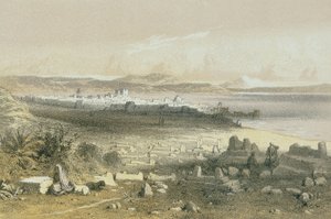 Tiberias in een ets door Schacher - Steinkopk J.F. Editore door Johann Martin Bernatz