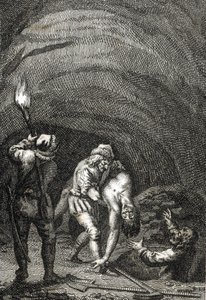 Dood van Willem II van Holland gedood door de Friezen, die hem in het geheim onder de vloer van een huis begroeven Gravure door Johann Michael Mettenleiter (1765-1853) 1800 Privécollectie door Johann Michael Mettenleiter
