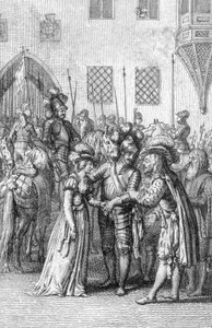 Keizer Hendrik VII van Luxemburg ontmoet zijn toekomstige vrouw Margaretha van Brabant, dochter van Jan I, Hertog van Brabant en Margarita van Dampierre door Johann Michael Mettenleiter