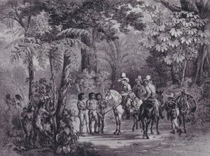 Ontmoeting van de Indianen met de Europese ontdekkingsreizigers uit 