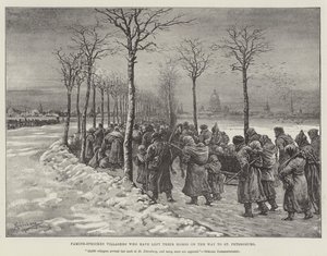 Hongersnood getroffen dorpelingen die hun huizen hebben verlaten op weg naar Sint-Petersburg door Johann Nepomuk Schonberg