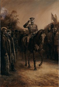 Generaal Lord Kitchener groet terwijl hij langs Boerleiders rijdt die hun hoeden afnemen, 1902 door Johann Nepomuk Schonberg