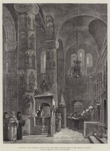 Interieur van de Kathedraal van de Hemelvaart (Uspenski Sabor) in het Kremlin in Moskou, waar de Keizer van Rusland zal worden gekroond