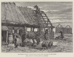 De hongersnood in Rusland, boeren halen riet van de daken om vee te voeden door Johann Nepomuk Schonberg