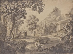 Klassiek landschap met een tempel, een reus op een berg