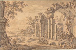 Landschap met een tekenaar tussen oude ruïnes