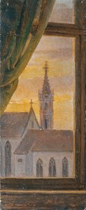Uitzicht door een raam op een gotische kerktoren door Johann Peter Krafft