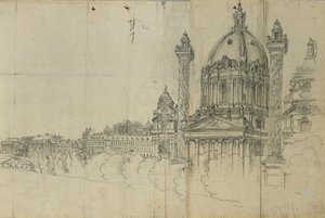 Uitzicht over de zuidelijke buitenwijken van Wenen en de Karlskirche door Johann Peter Krafft