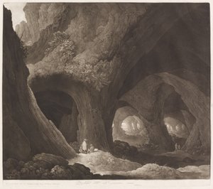 Reizigers in gigantische grotten door Johann Peter Pichler, after Guillam Dubois