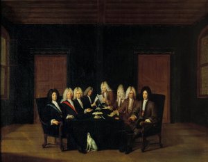 Oorlog van de Spaanse Successie: De Plenipotentiaries verzameld rond de Maarschalk Hertog van Villars en Prins Eugenius van Savoye-Carignan op het Vredescongres in Borden, 7/09/1714 door Johann Rudolph the Elder Huber