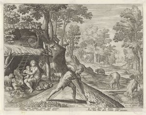 Adam en Eva aan het werk buiten het Aards Paradijs