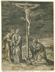 Christus aan het kruis, met Maria, Johannes en Maria Magdalena door Johann Sadeler (I)