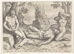 Eva treurt om de dood om Abel (Geschiedenis van Kain en Abel) door Johann Sadeler (I)