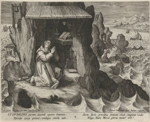 Heilige Gudwal van Wales als kluizenaar door Johann Sadeler (I)