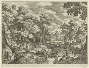 Landschap met de doop van Christus (Landschappen met scènes uit het Oude en Nieuwe Testament) door Johann Sadeler (I)