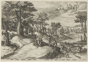 Leto (Latona) verandert de Lyciërs in kikkers door Johann Sadeler (I)