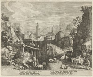 Rotsachtig landschap met de fabel van de ezel en het wilde zwijn door Johann Sadeler (I)