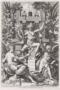 Bacchus Zittend op een Vat tussen Amor en Muziek
