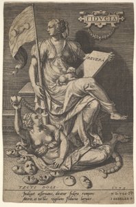 Fiducia, een zittende vrouw houdt een boek en een vaandel terwijl ze haar hoofd wegdraait van een kale tak, 1579