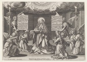 Magnificat: De Maagd omringd door muziekmakende engelen, 1585 door Johann Sadeler I
