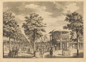 Vauxhall Gardens toont de Grote Wandelgang bij de ingang van de tuin en het orkest met muziek
