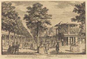 Vauxhall Gardens toont de Grote Wandelgang bij de ingang van de tuin en het orkest met muziek