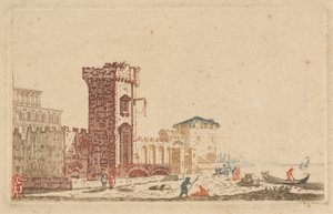 [Een van] Zes gekleurde gravures van kastelen, ruïnes en zeegezichten door Johann Teyler