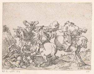 Twee musketiers te paard beschieten een ruiter door Johann Wilhelm Baur