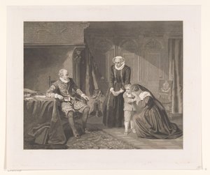 De moeder, vrouw en zoon van Reinier van Oldenbarnevelt smeken Maurits om genade, 1623