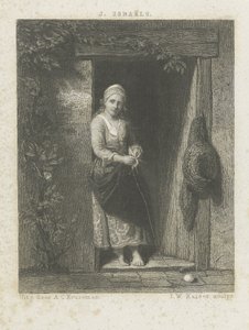 Jonge vrouw met breiwerk door Johann Wilhelm Kaiser (I)
