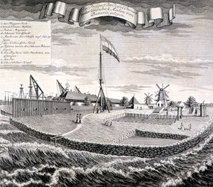 Nederlands Oost-Indische Compagnie hout- of zaagmolen op het eiland twee mijl van Batavia, pub. 1744 door Johann Wolfgang Heydt