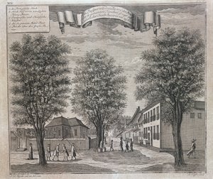 De Portugese Kerk en Chinese en Europese huizen in een straat in Batavia, uit een serie van gezichten op Batavia 