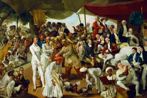 Kolonel Mordaunt kijkt naar een hanengevecht in Lucknow, India, 1790 door Johan Joseph Zoffany