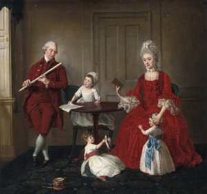 Rococo: Portret van de heer en mevrouw James Blew en hun drie kinderen in een elegant interieur