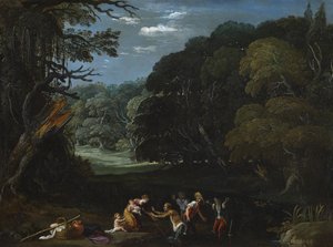 Latona verandert de Lycische boeren in kikkers (naar Elsheimer?) door Johann or Hans (attr.to) Konig
