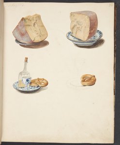 Stilleven met kaas, schnaps en pretzel