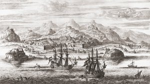 Nederlandse schepen voor Muscat, Oman in de 17e eeuw door Johannes (after) Kip