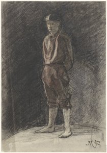 Staande man met helm en opgerolde boekspijpen door Johannes Abraham Mondt