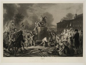 Het neerhalen van het standbeeld van George III door de Sons of Freedom, op de Bowling Green, New York City, juli 1770, gegraveerd door John C. McRae