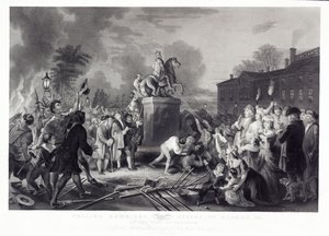 Het neerhalen van het standbeeld van George III door de Zonen van de Vrijheid, op de Bowling Green, New York, juli 1776, uitgegeven 1875 door Johannes Adam Simon after Oertel