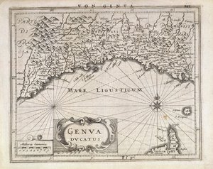 Hertogdom Genua, kaart door Jan Baptist Vrients uit Duitse atlas, kopergravure, helft van de 17e eeuw door Johannes Baptista Vrints