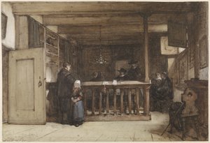 Betaaldag: De Schepenkamer in het Rechthuis te Nieuw-Loosdrecht, gestoffeerd met Zeventiende-eeuwse Figuren door Johannes Bosboom