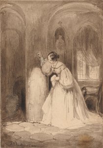 Interieur met staande vrouw bij een zuil