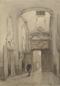 Rococo portaal in het stadhuis in Den Haag met een man in zeventiende-eeuws kostuum door Johannes Bosboom