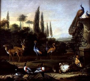 Een parklandschap met herten en exotische vogels