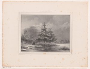 Winterlandschap met twee dennenbomen door Johannes Christiaan d