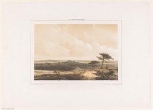 Heidelandschap met rustende wandelaar en herder met kudde door Johannes Franciscus Hoppenbrouwers
