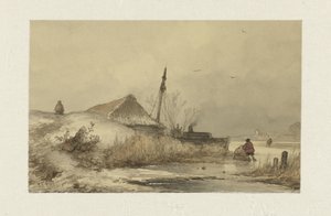 Winterlandschap met boerderij aan sloot door Johannes Franciscus Hoppenbrouwers