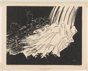 Waterval met herten door Johannes Frederik Engelbert ten Klooster (signed by artist)